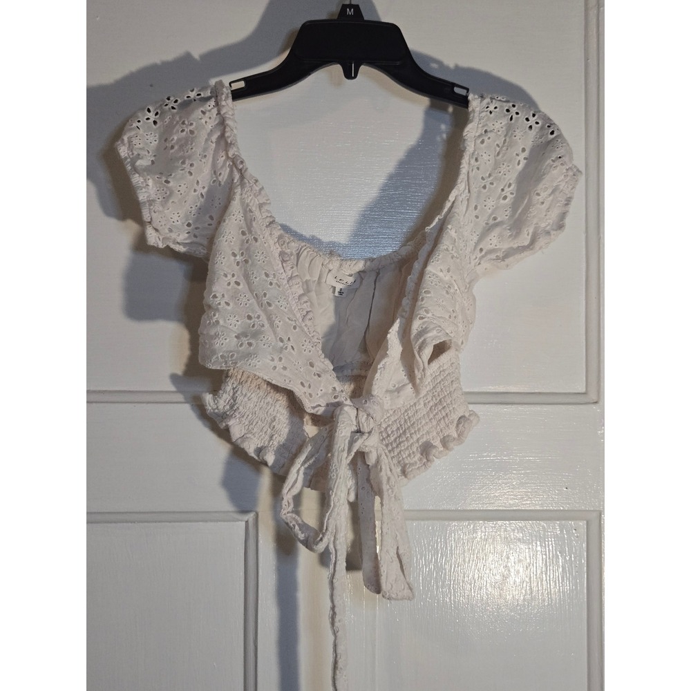 Le Lis Collection White Eyelet Smocked Tie Front Crop Top ST6448 Womens Small